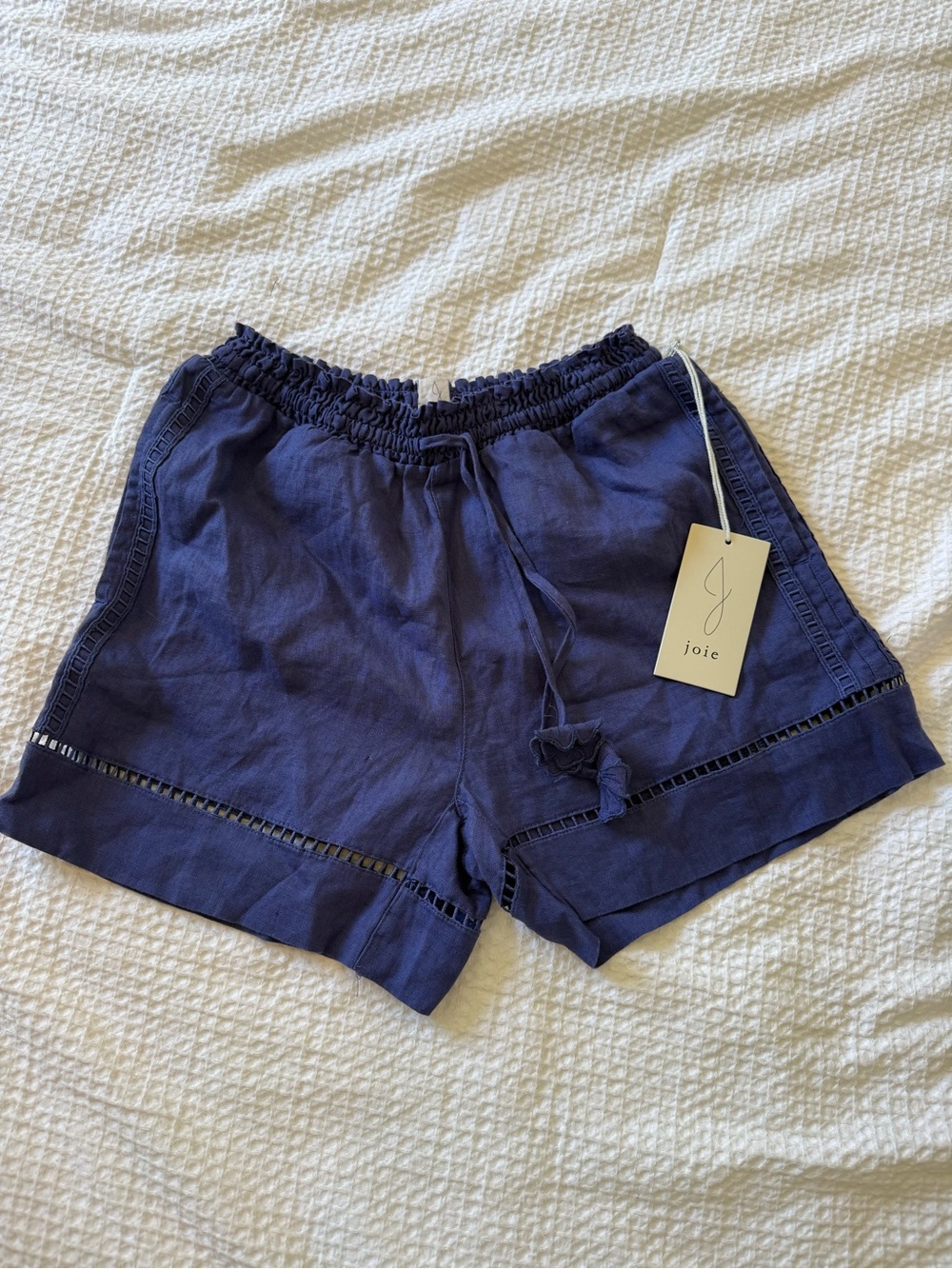 Joie Indigo Drawstring Linen-Blend Shorts with Ladder Trim